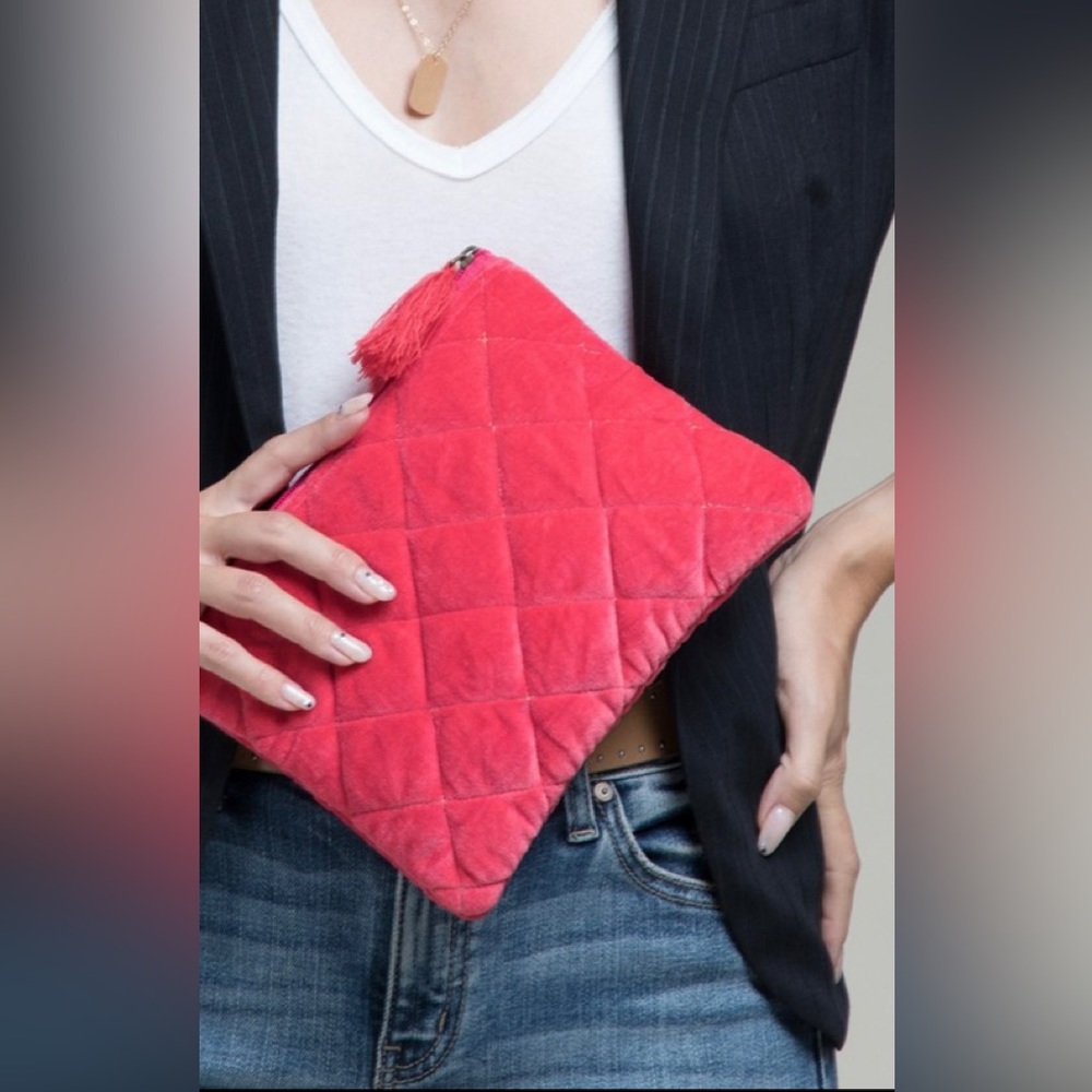 Luxurious fine cotton velvet metallic quilted pouch.